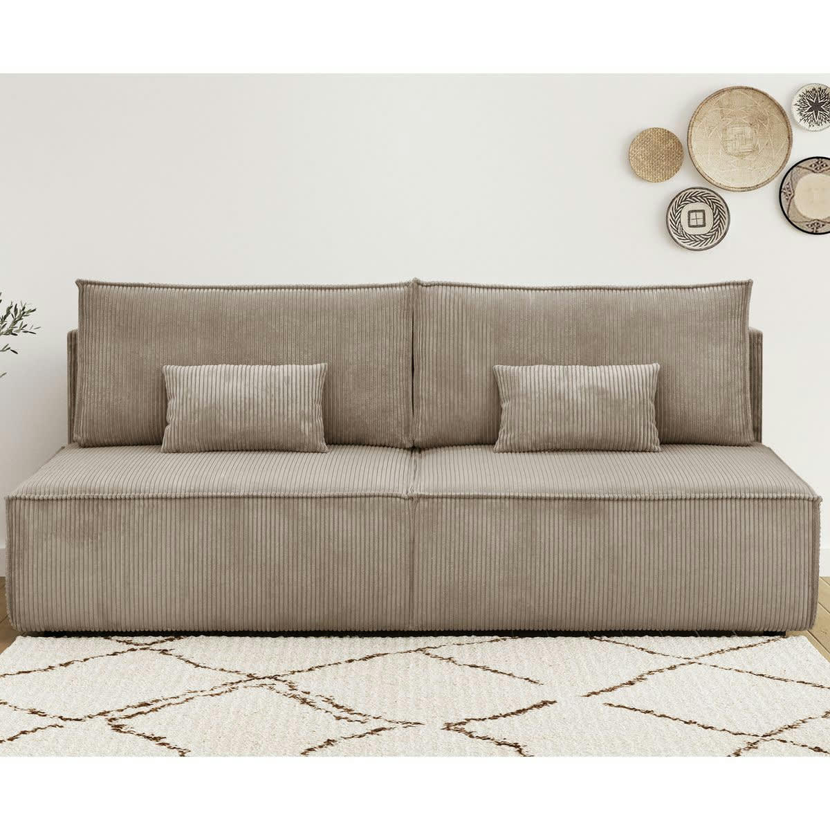 MILLA NEW - Canapé convertible 3 places avec coffre en velours côtelé taupe
