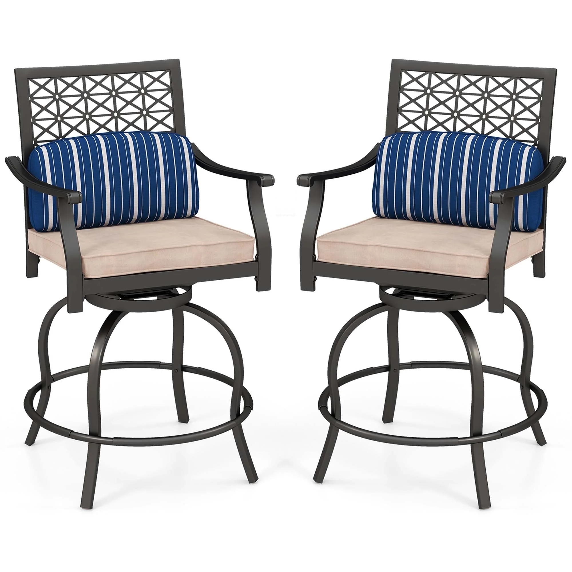 2 PCS Outdoor Bar Stool Set Patio Swivel Chairs with Soft Cushions