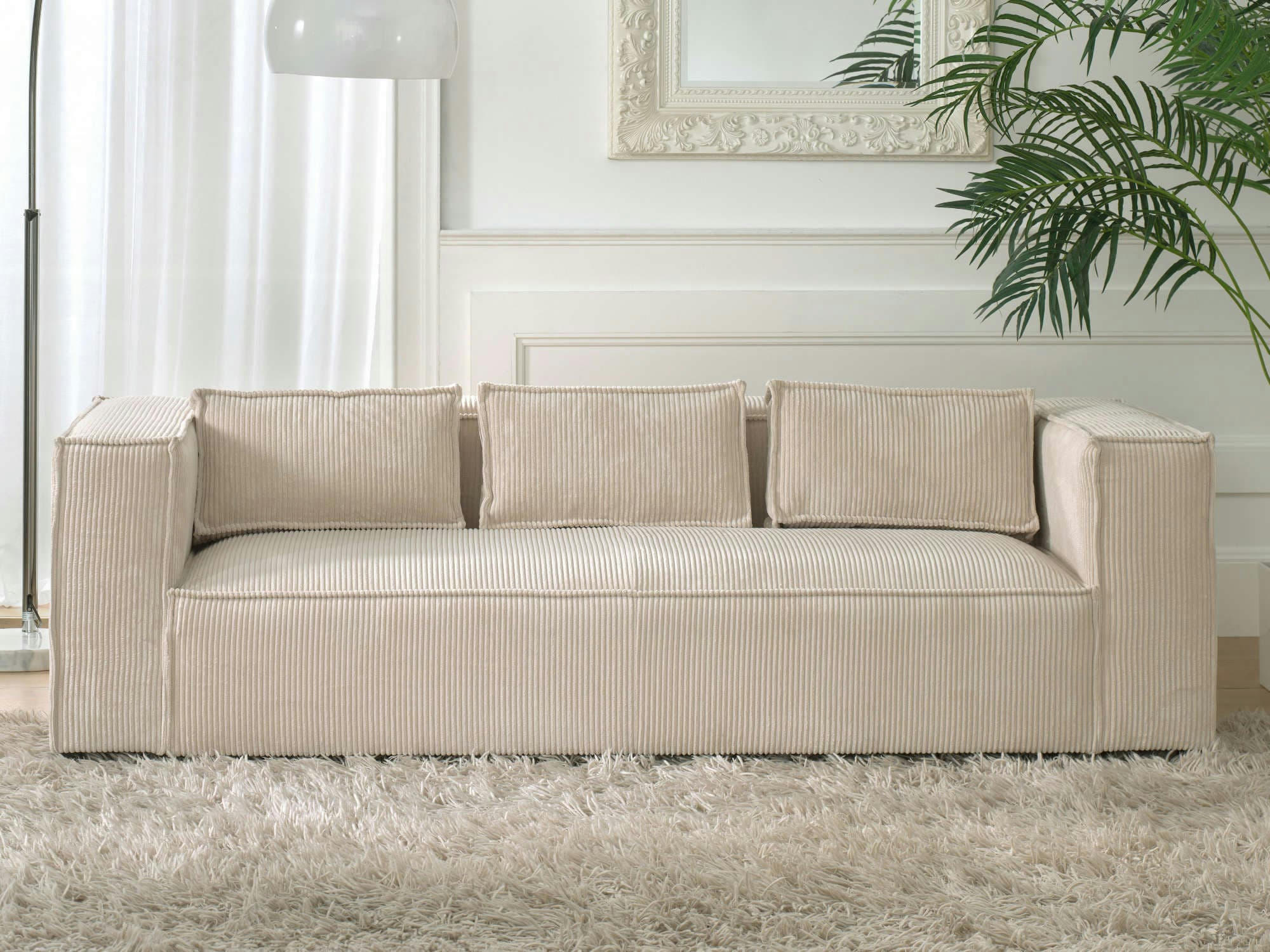 STELLA - Canapé droit 3 places en velours côtelé beige