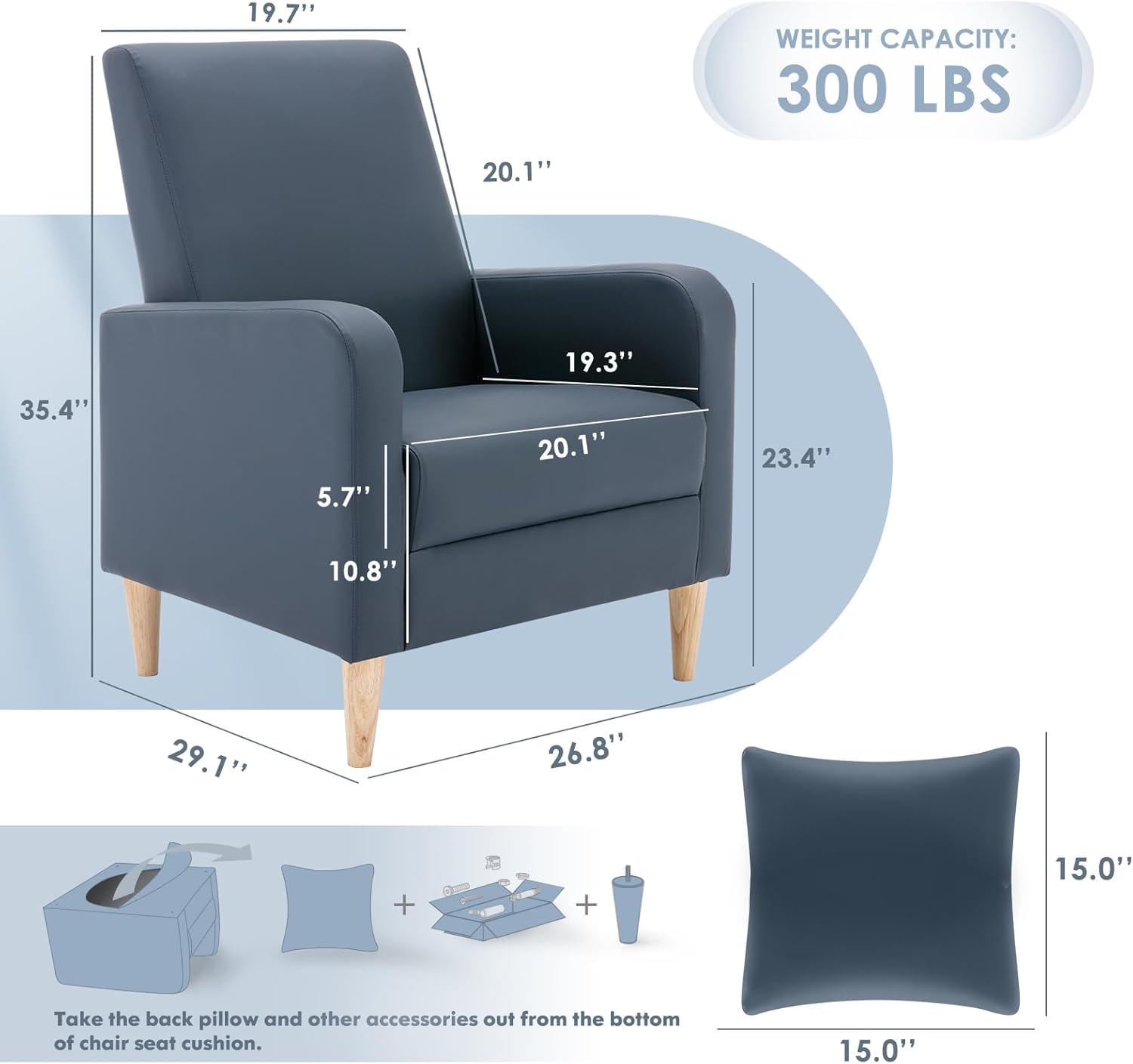 COLAMY Modern Upholstered Accent Chair Armchair with Pillow, PU Leather Reading Living Room Side Chair,Single Sofa with Lounge Seat and Wood Legs, L-Blue