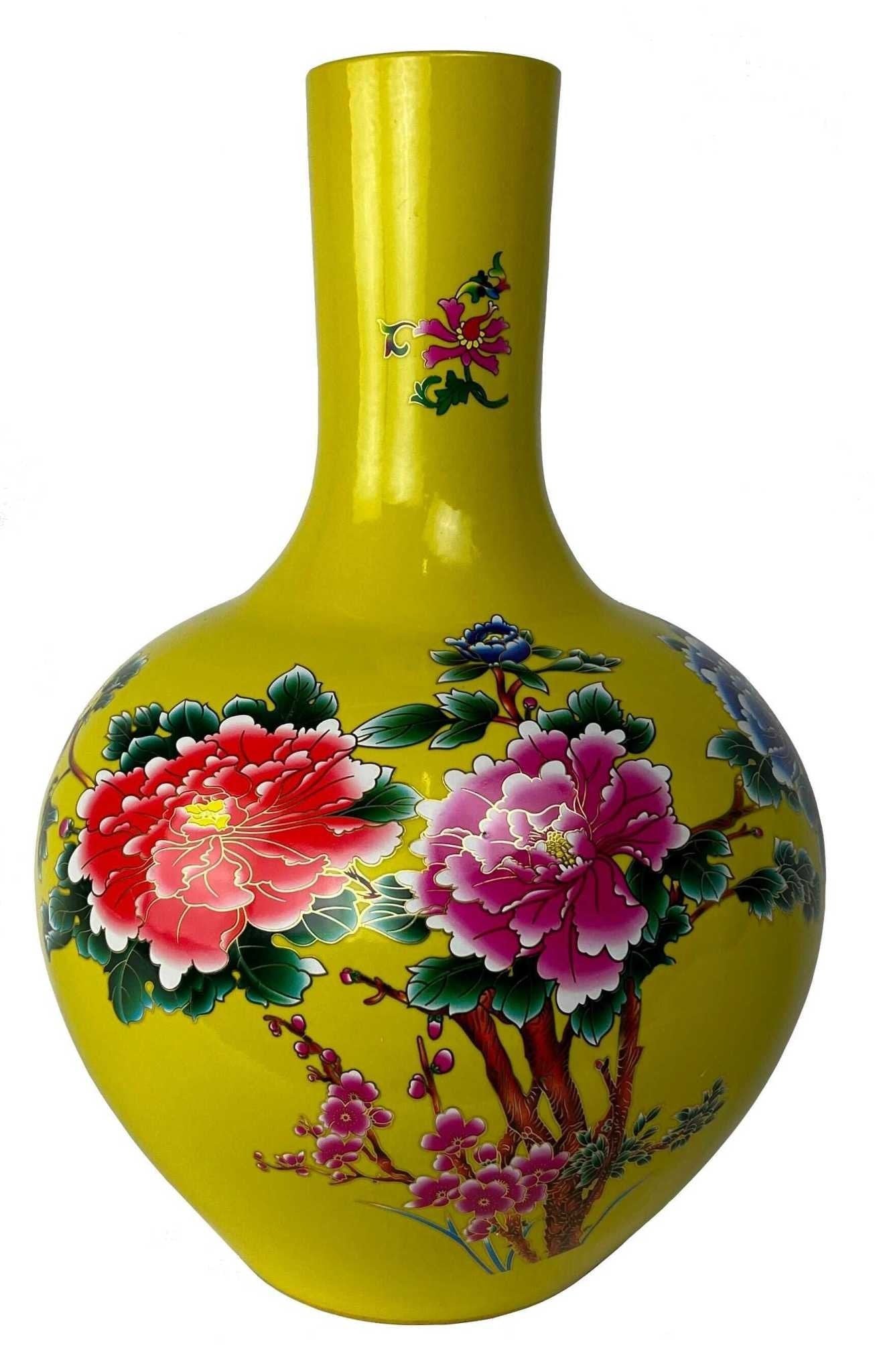 Fine Asianliving Chinese Vaas Geel Bloemen Pioenen