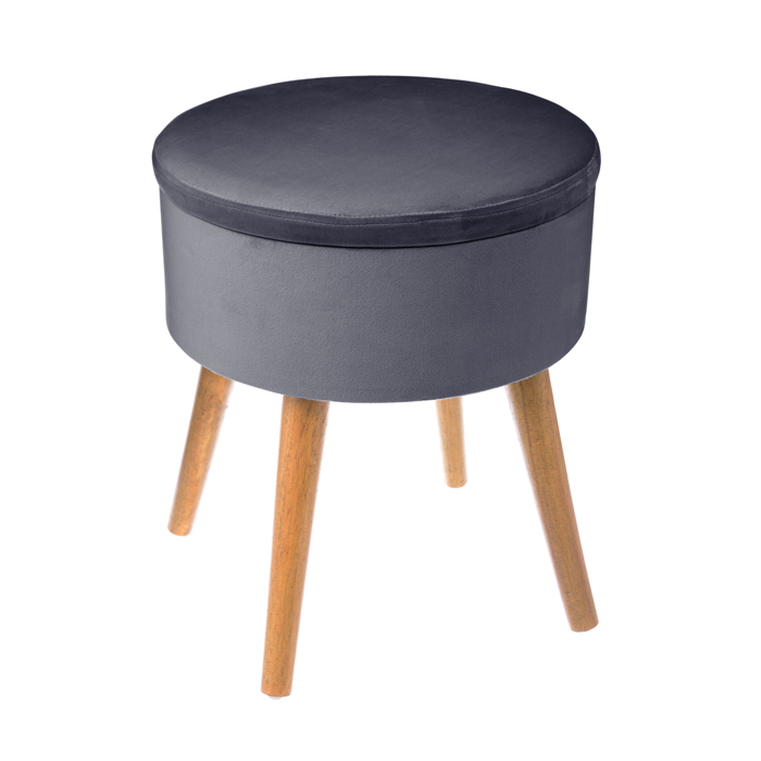 Tamborete cinza escuro em veludo com arrumação
