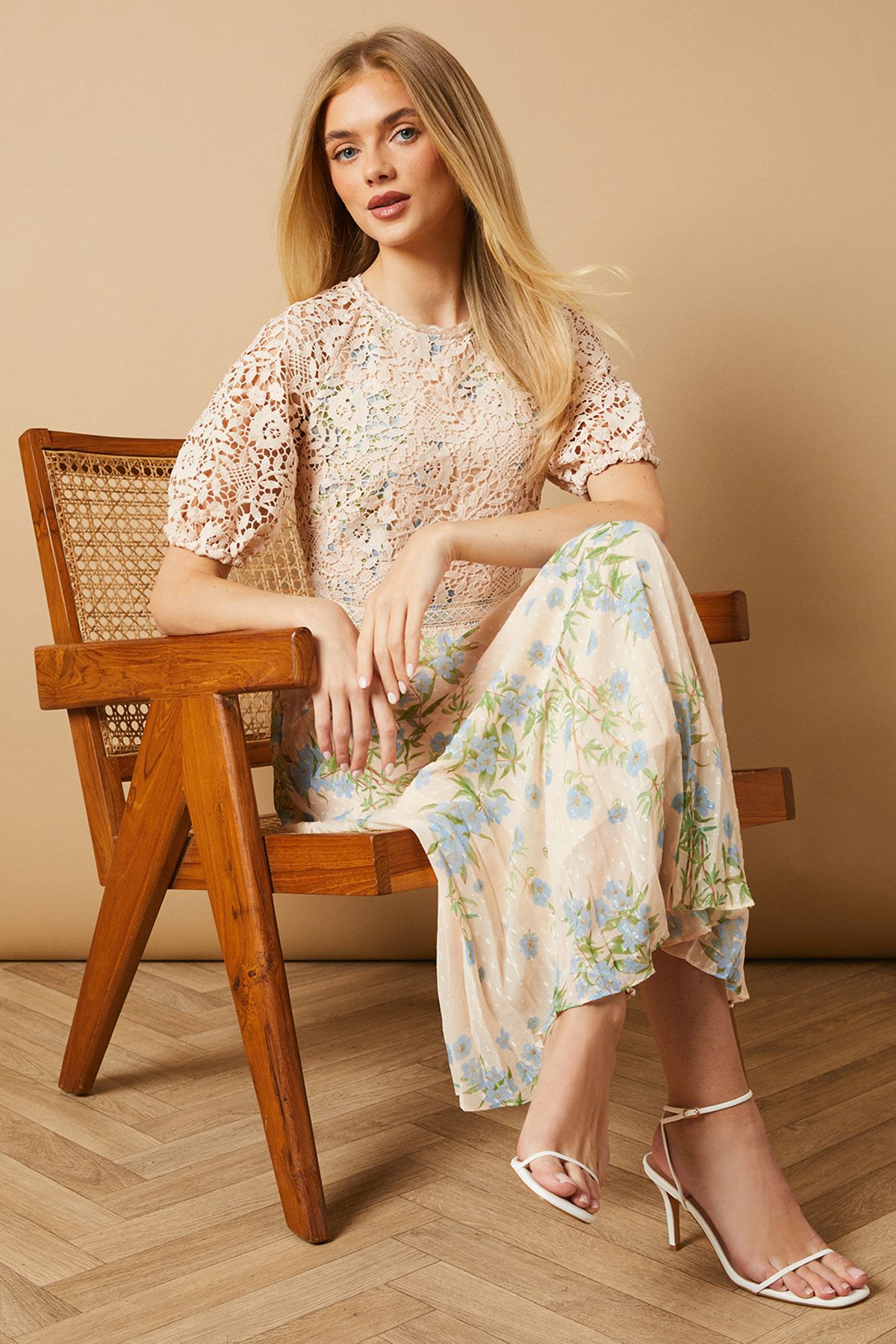 Oasis Occasion Floral Lace Bodice Pleated Midi Dress