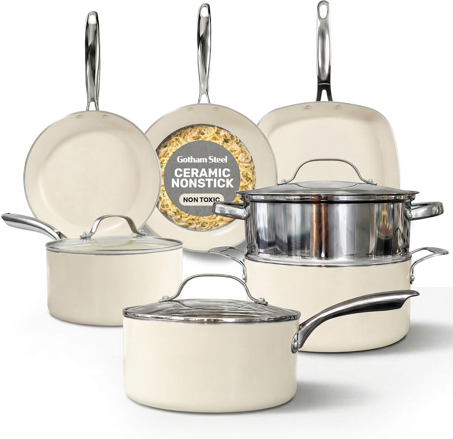 Gotham Steel 12 Pc Ceramic Cookware Set Nonstick, Ceramic Pots and Pans Set Non Stick with Steamer for Cooking, Non Toxic PFOA PFOS Free, Premium Stay Cool Handles, Oven & Dishwasher Safe