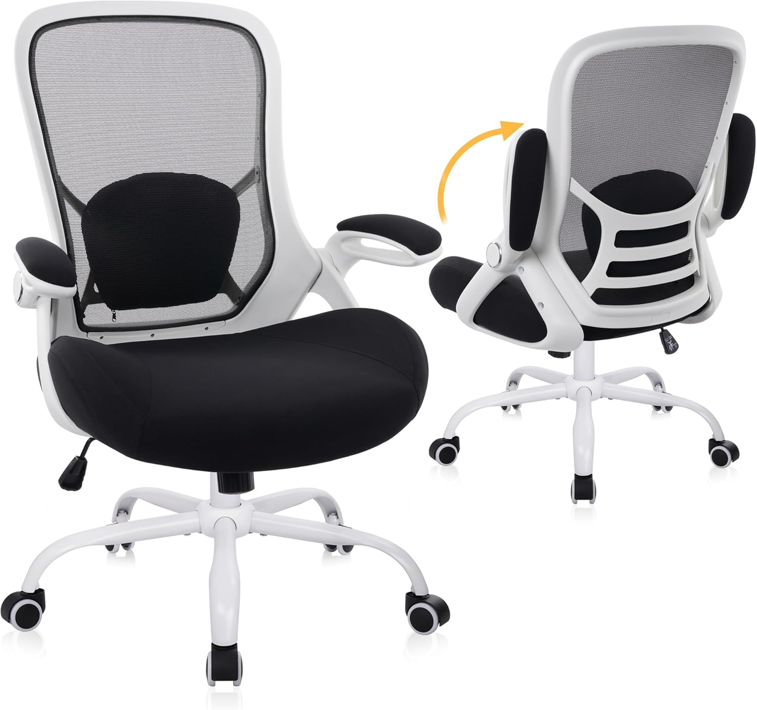 HYLONE 400lbs Heavy Duty Office Chair, 5 Thickened Seat Ergonomic Desk Chair with Adjustable Armrests, Home Office Computer Chairs for Long Hours Mesh Executive Chair(White Base&Black)