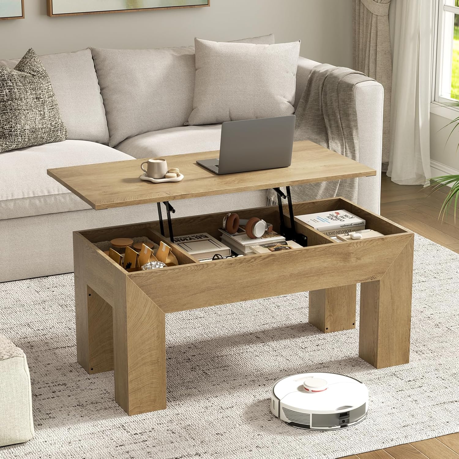 FABATO 41.7'' Lift Top Coffee Table, Wooden Rectangle Coffee Table with Hidden Storage, Large Center Table Adjustable Height Sofa Table for Living Room Office Apartment, Wood