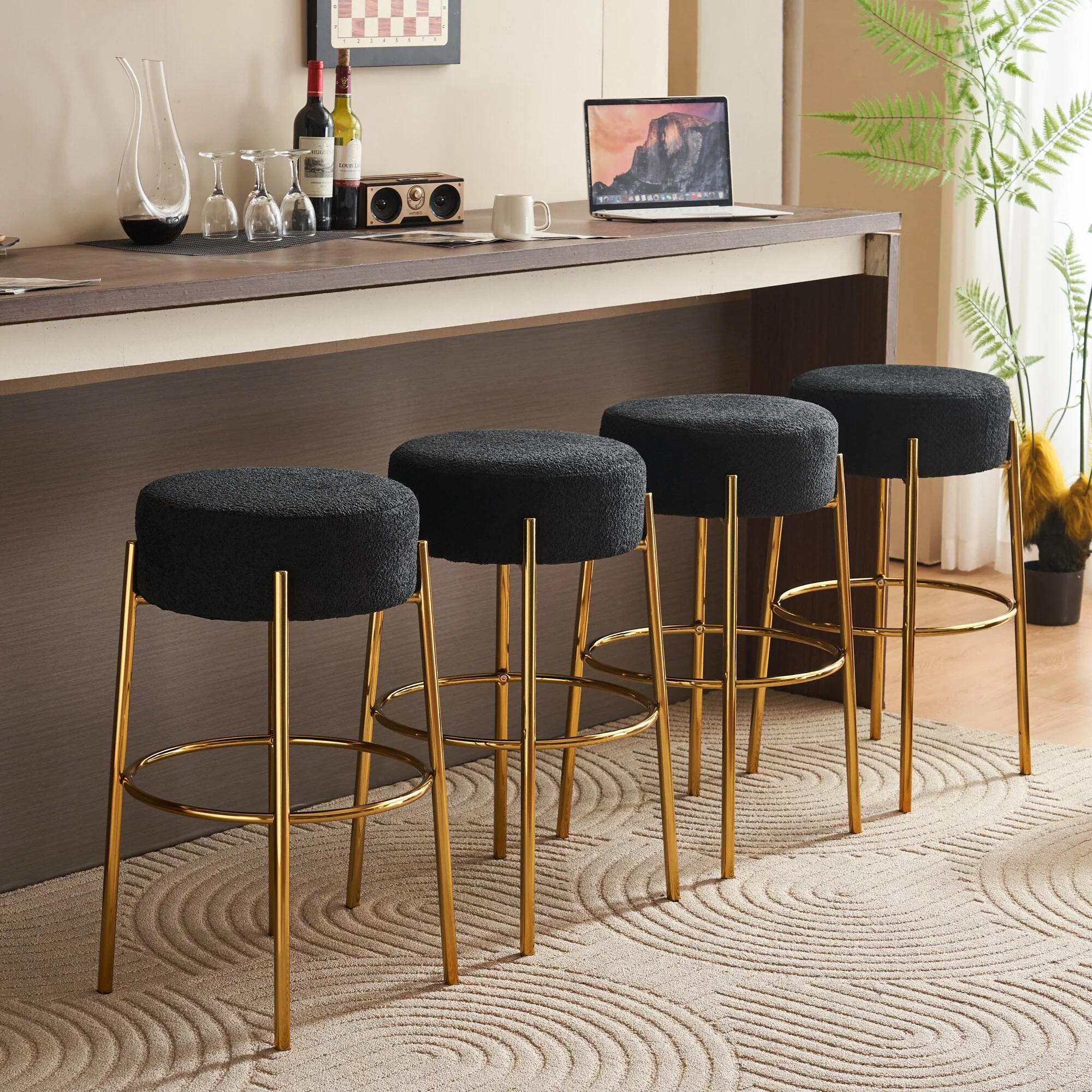 30 Tall Gold Legs Round Bar Stools, Set of 2