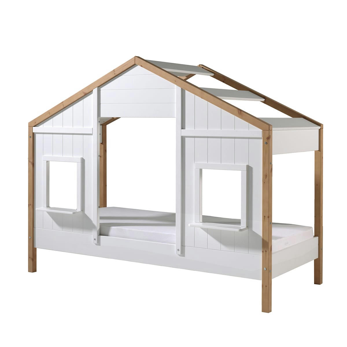 LIT - Lit cabane 90x200 sommier inclus 2 fenêtres blanc naturel