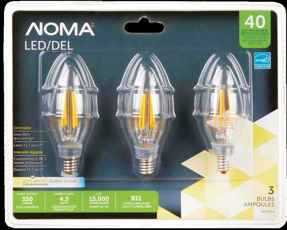 NOMA B11 E12 Base  Dimmable LED Light Bulbs, 2700K, 350 Lumens, Soft White, 40W, 3-pk