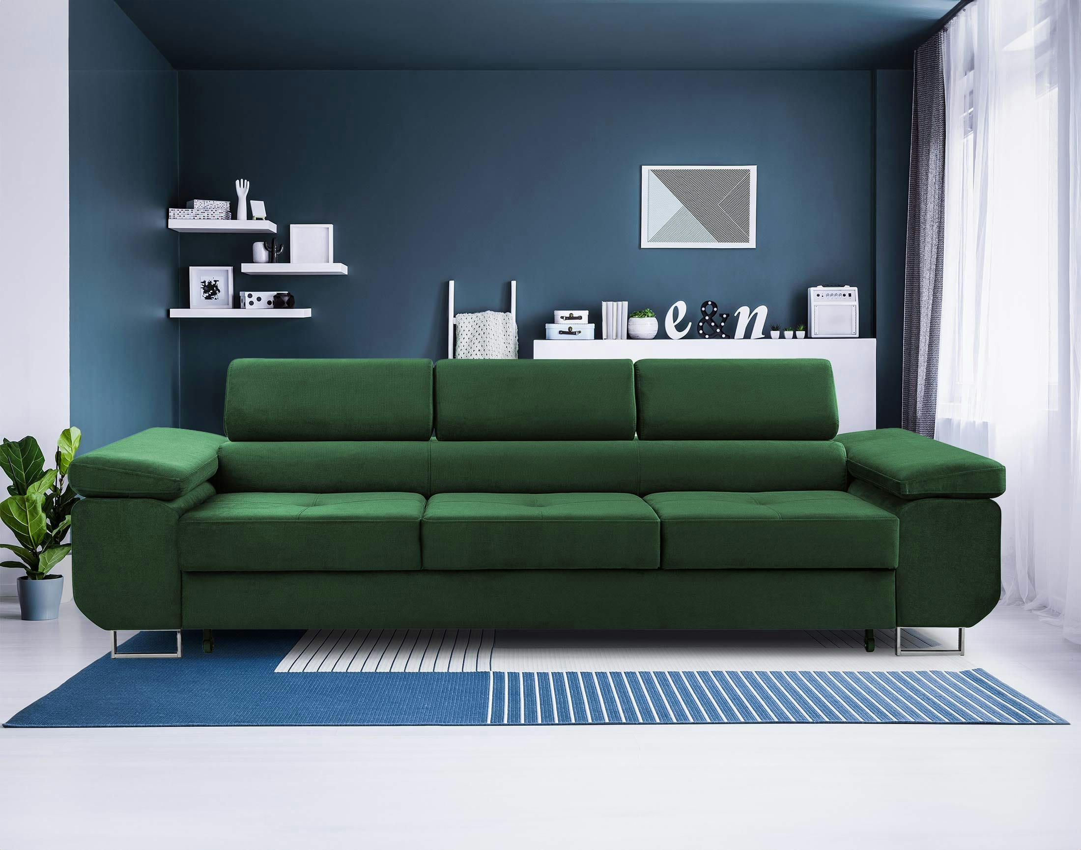 PABLO - Canapé droit convertible 3 places en velours vert