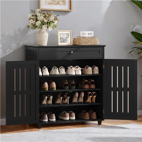 Yaheetech Shoe Cabinet, 4-Tier Shoe Storage Cabinet with Drawer & Adjustable Shelves, Shoe Rack Cabinet for Entryway, Hallway, Living Room, Black