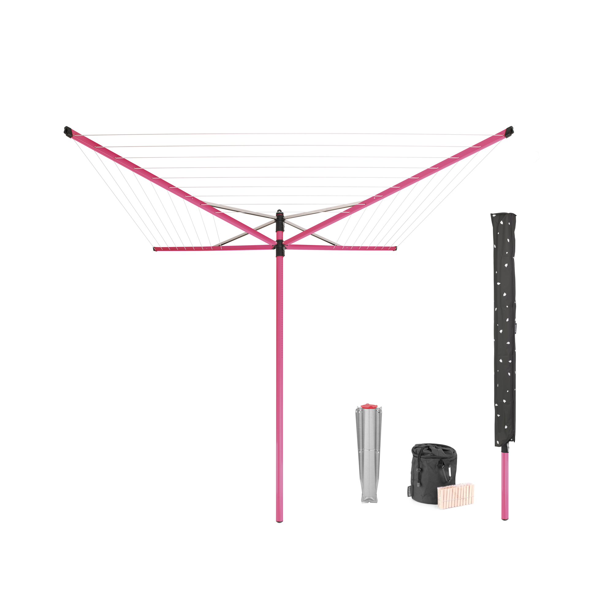 Brabantia Droogmolen Lift-O-Matic, 50 meter met metalen grondanker, doorsnede 45 mm, beschermhoes, wasknijpertasje en wasknijpers - Spring Pink