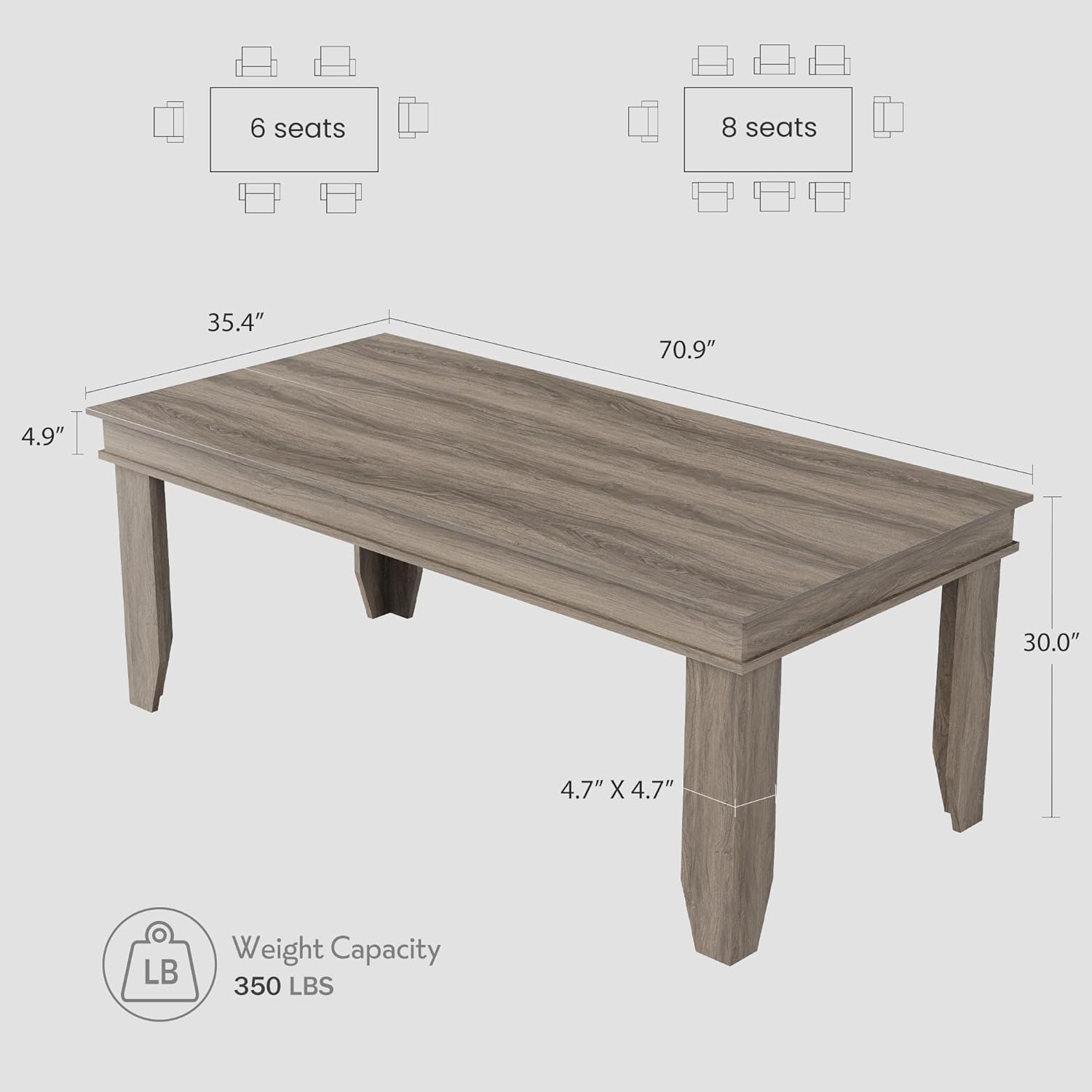 GarveeHome Farmhouse Dining Table for 6-8 People, 71 in Long Kitchen Tables with Wooden Sturdy Frame, 6 ft Large Rectangular Dinner Table for Dining Room, Kitchen, Grey Walnut, 71 Non-extendable