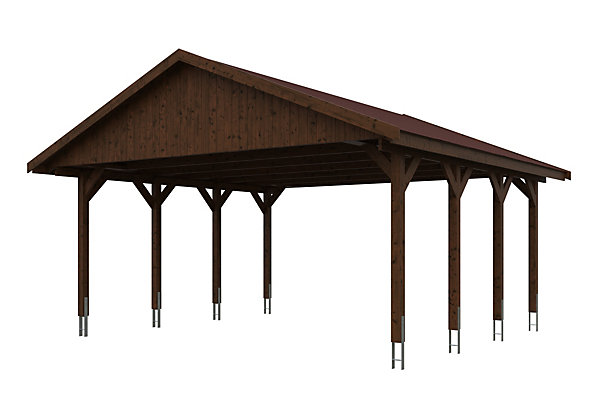 Carport SKAN HOLZ Wallgau 620 x 600 cm, traitement coloré noyer, avec bardeaux rouge