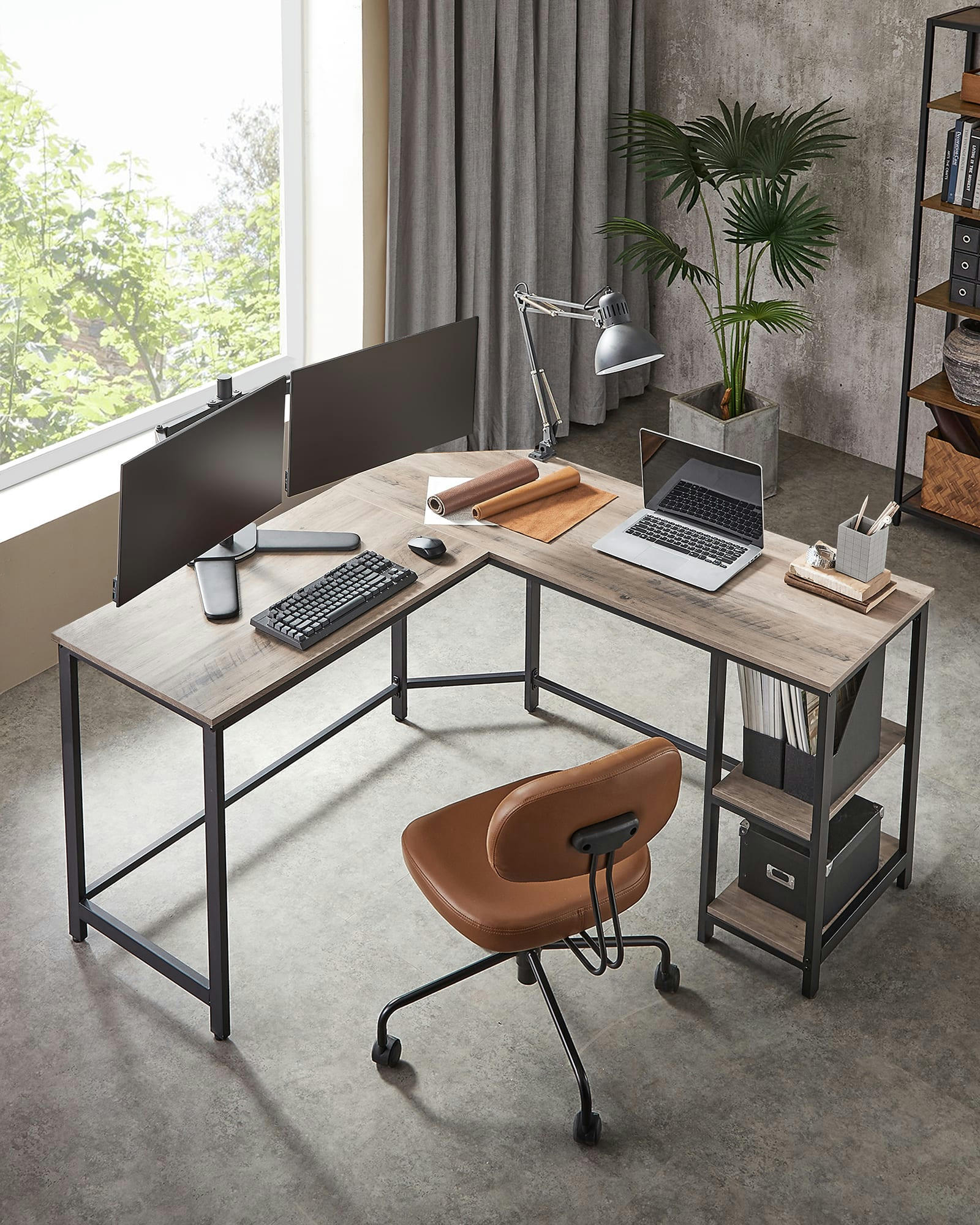 - Bureau d'angle avec étagères effet bois grège