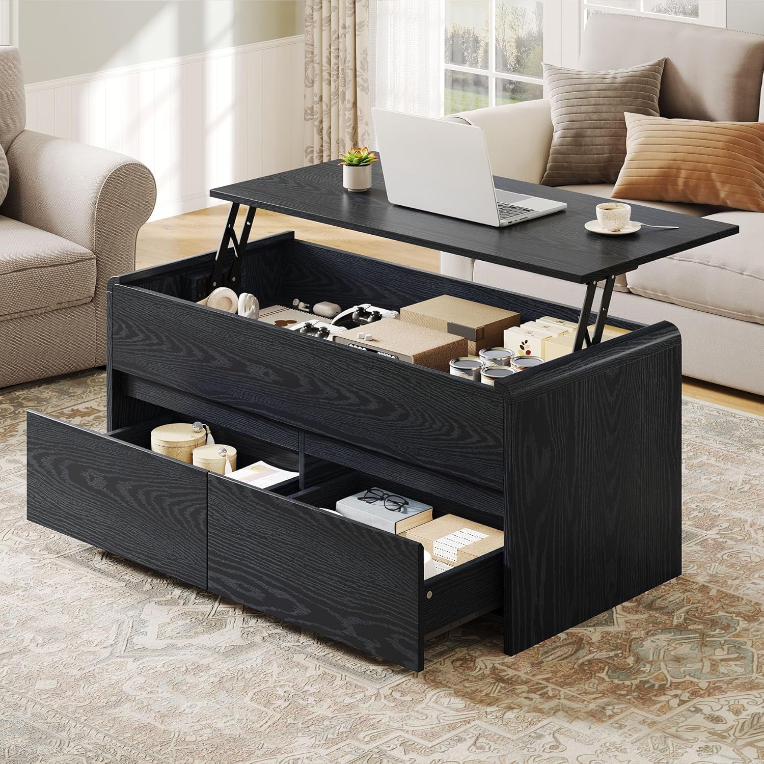 Coffee Table Lift Top with 2 Drawers, 40 Inch Multi-Function Coffee Table with Hidden Compartment, Curved Profile Design, Converts to Home Office Table for Living Room, Black