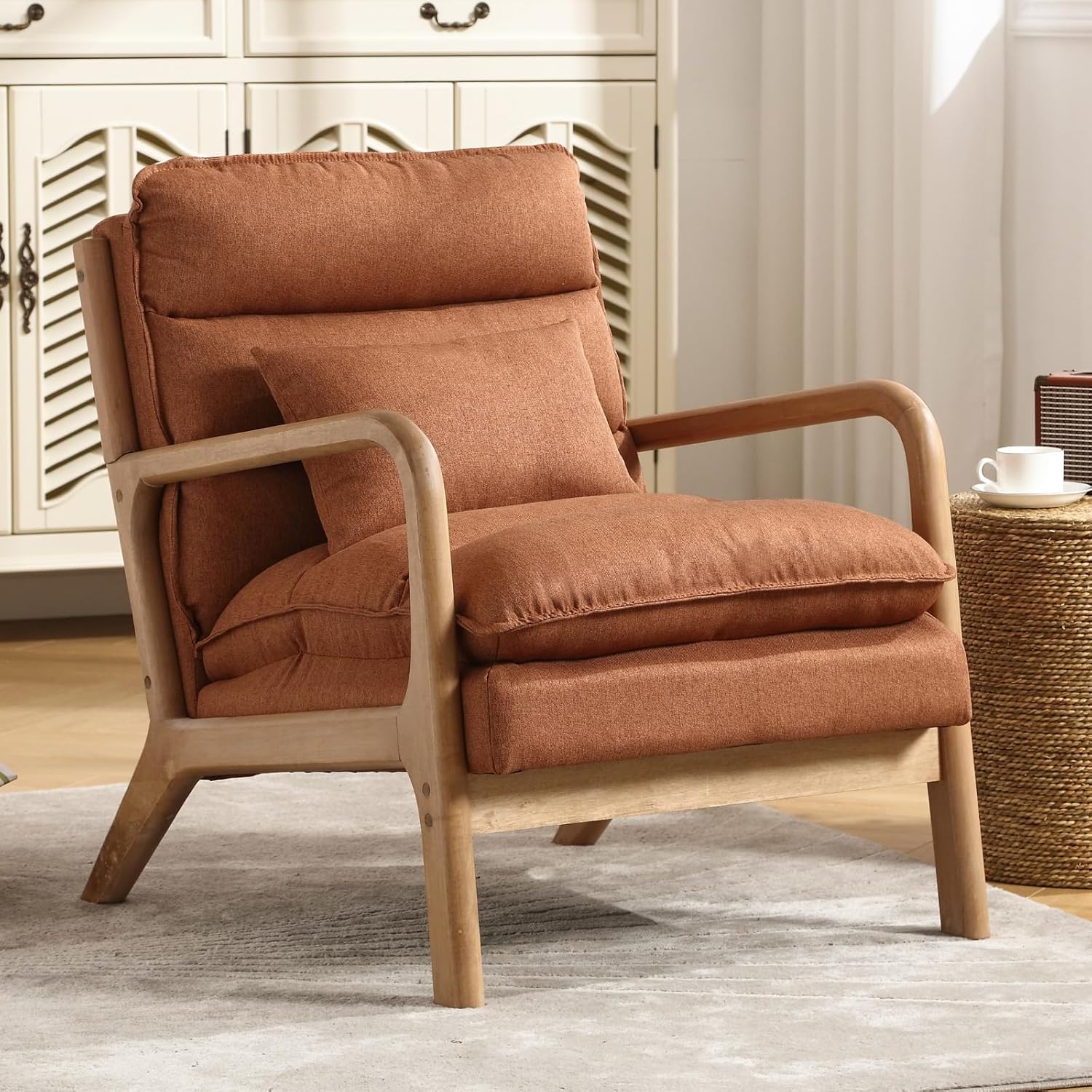 INZOY Mid Century Modern Accent Chair with Wood Frame, Upholstered Reading Armchair with Waist Cushion, Double Padded Accent Chair, Side Chair for Living Room Bedroom Office, Easy Assembly, Brown