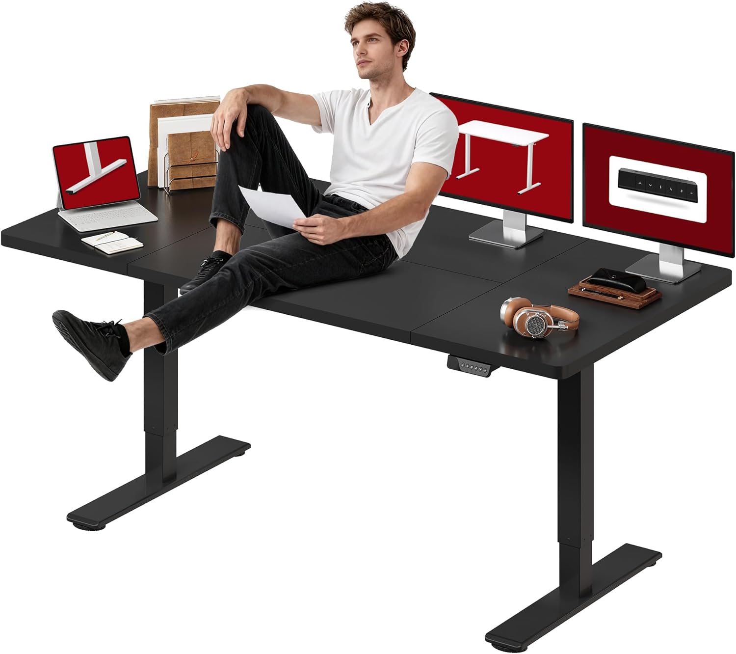 SANODESK Dual Motor Electric Standing Desk 79 x 32 Inches, Height Adjustable Sit Stand Desk with Large Splice Board for Home Office, Computer Workstation, Study & Gaming, Black Frame/Black Top