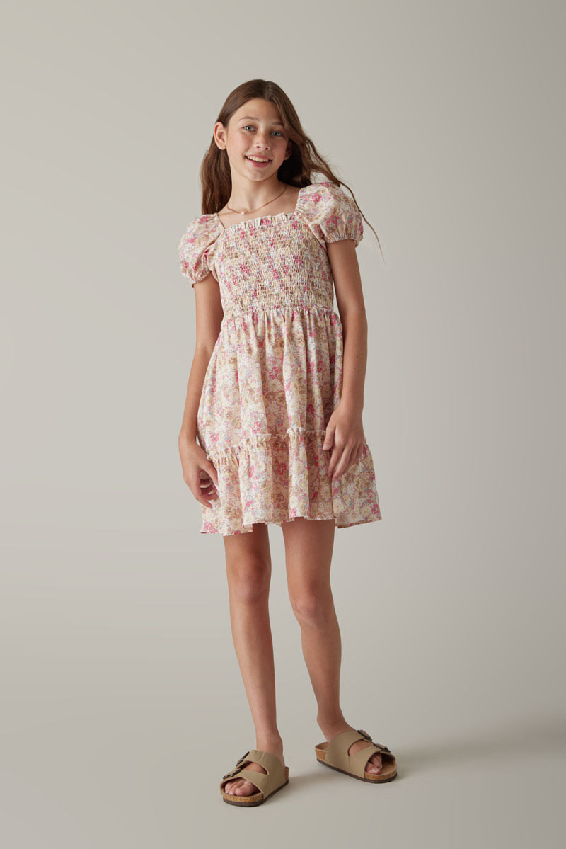 Hello Franki Short Sleeve Smocked Tiered Dress for girls Pink
