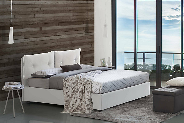Lit double Dgalant, Lit coffre avec revêtement en similcuir, Ouverture frontale, adapté pour matelas 160x190 cm, Blanc