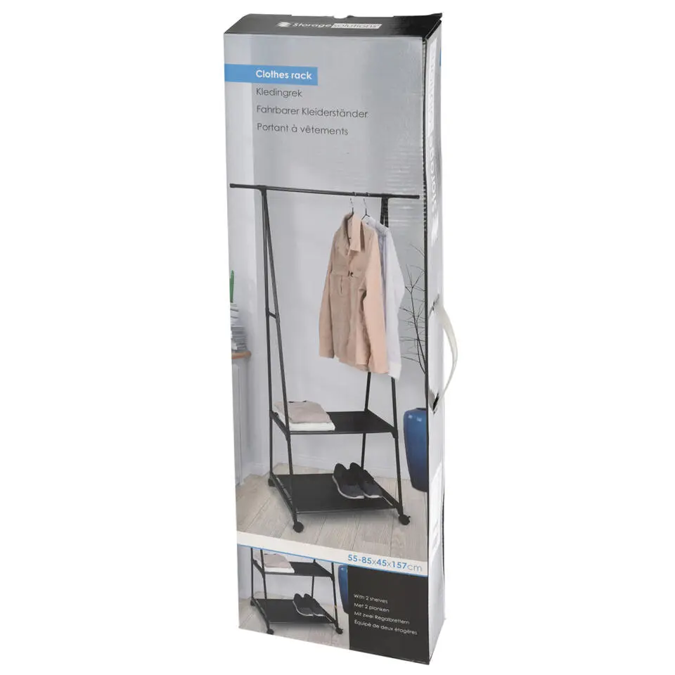 Storage Solutions Kledingrek met planken - metaal - op wielen - zwart - 85 x 45