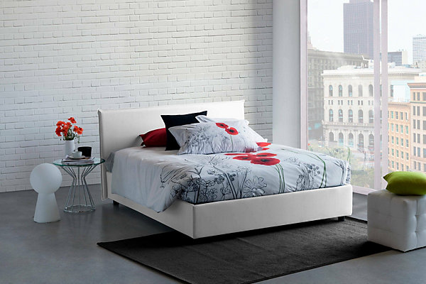 Lit double Dangel, Lit coffre avec revêtement en tissu, Ouverture frontale, adapté pour matelas 160x200 cm, Blanc