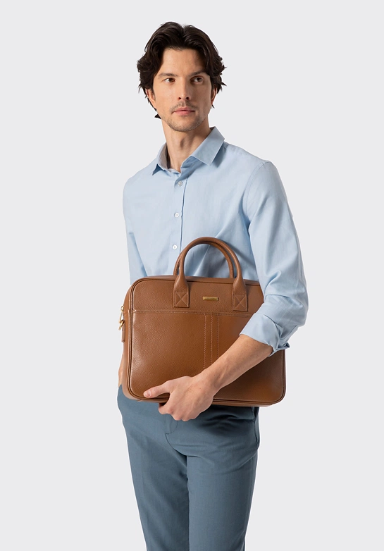 Męska torba na laptopa 15,6” ze skóry naturalnej groszkowej jasny brąz