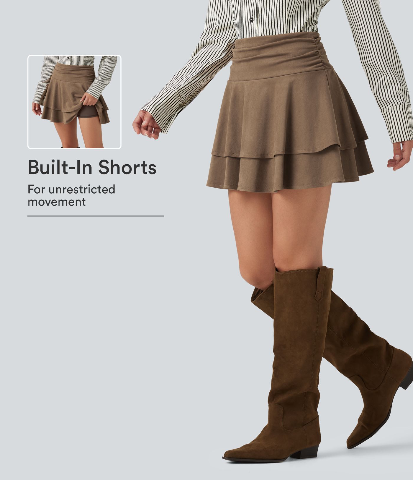Jupe-short mini taille haute froncée en suédine à effet superposé