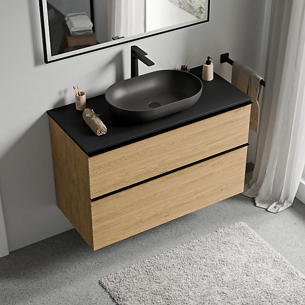 Meuble sous vasque suspendu MDF Chêne miel, plan vasque Noir mat, poignée Chrome - 100x46x62cm - LAVOA