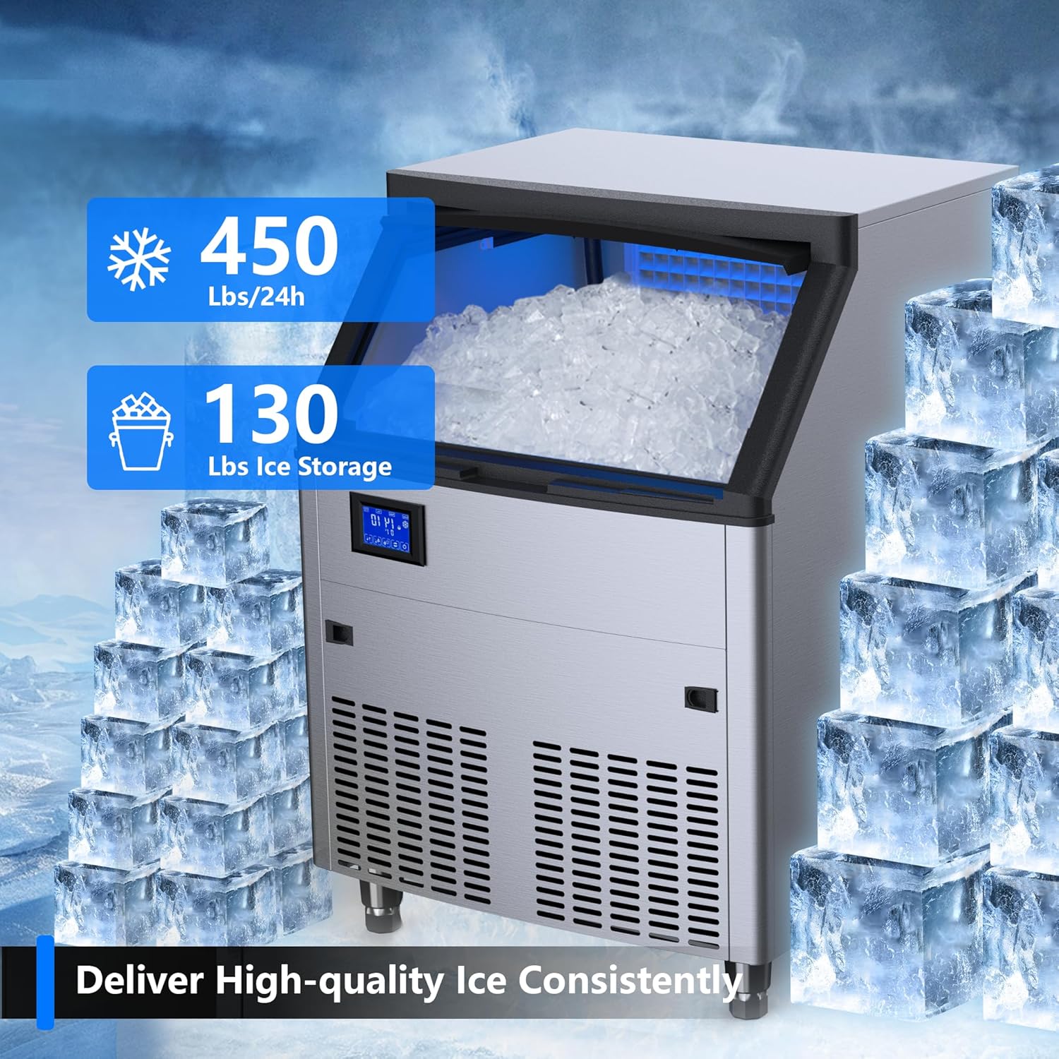 Coolake Commercial Ice Maker Machine 450lbs/24H with 130lbs Storage, Stainless Steel Under Counter Ice Maker, Descaling Water Filter, Ice Ready in 5-15 min for Home Bar, DOE ETL Approval