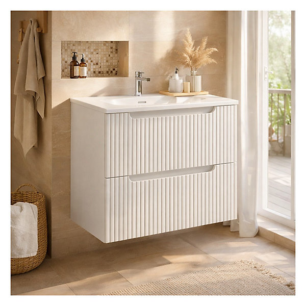 Ensemble de salle de bain suspendu VANO blanc 60cm : meuble sous vasque à tiroirs rainuré et vasque encastrée blanche