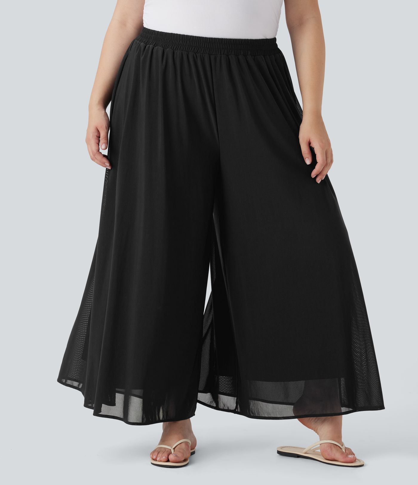 Pantalon décontracté grande taille taille haute large à superposition mesh avec poches latérales
