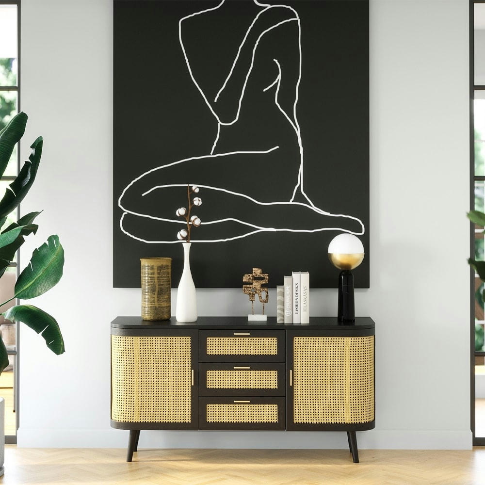 WENDY - Buffet noir 2 portes 3 tiroirs en bois de manguier et cannage