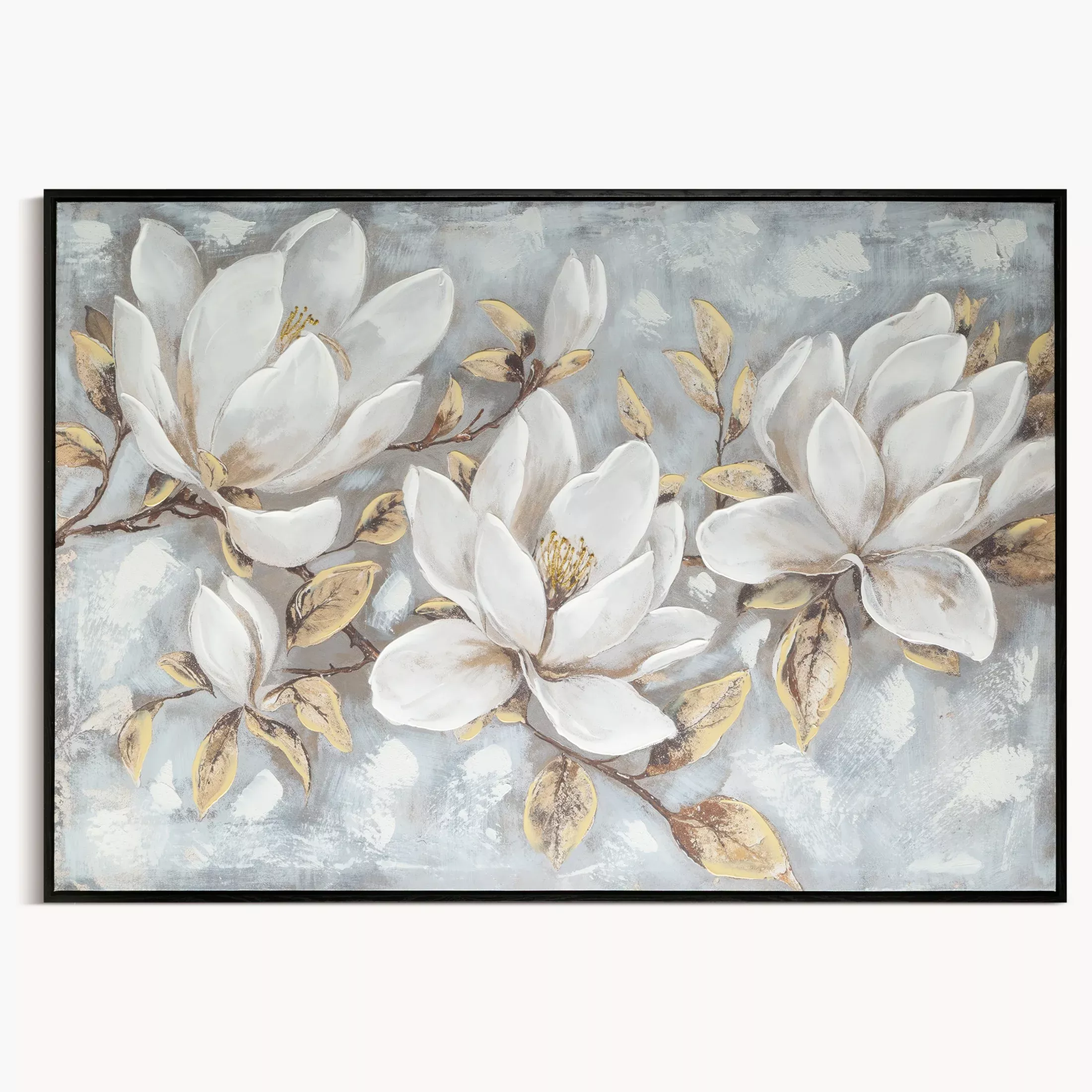 Obraz kremowo, beżowy ręcznie malowane magnolie na płótnie z błyszczącymi akcentami 100x70 cm
