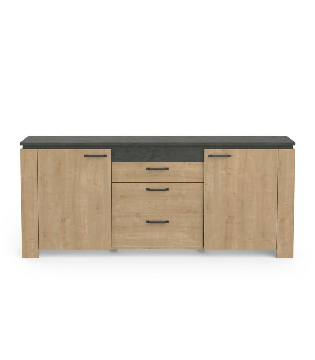 AUSTIN - Buffet 2 portes 3 tiroirs décor chêne et gris anthracite - L203,80 cm