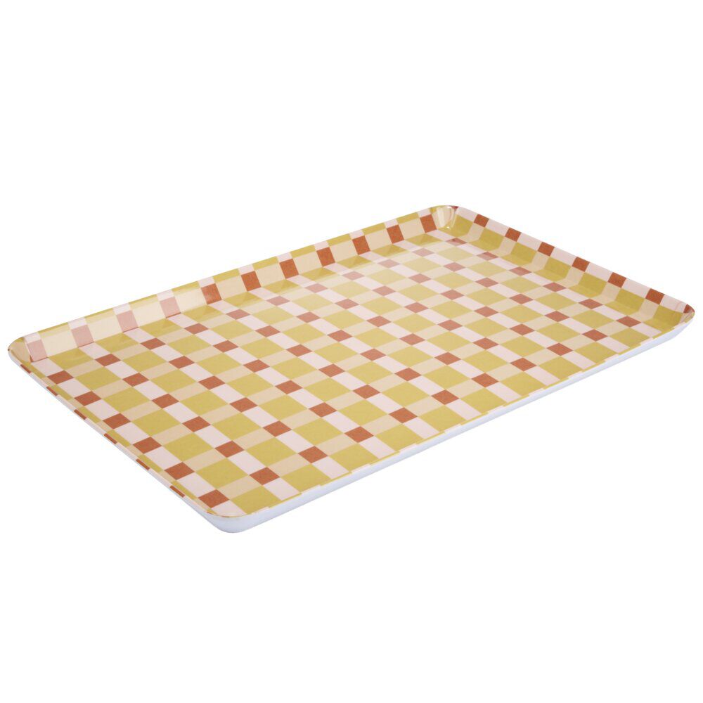 Plateau rectangulaire mélaminé damier irrégulier orange et rose 29,5x45,5cm