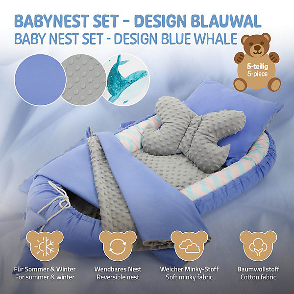 Nid d'ange bébés Joyz 90x50 cm bleu motif baleine en coton avec coussin de sommeil oreiller papillon