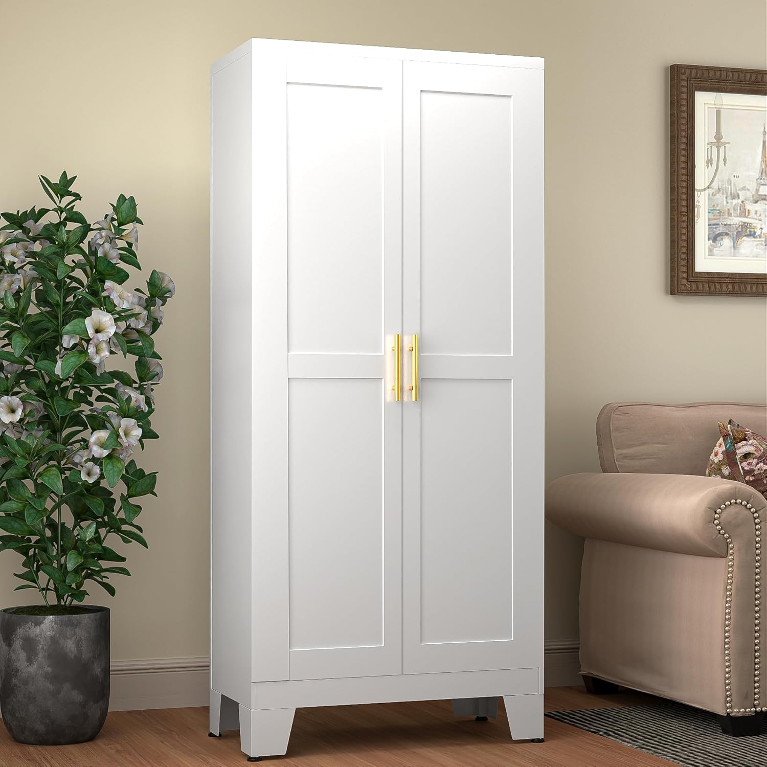 GAIOUS 61.02 Pantry Cabinet, Kitchen Pantry Storage Cabinets with Adjustable Shelves and Feet, White Pantry Storage Cabinet for Kitchen, Dining Room, Living Room and Bathroom (White) Metal