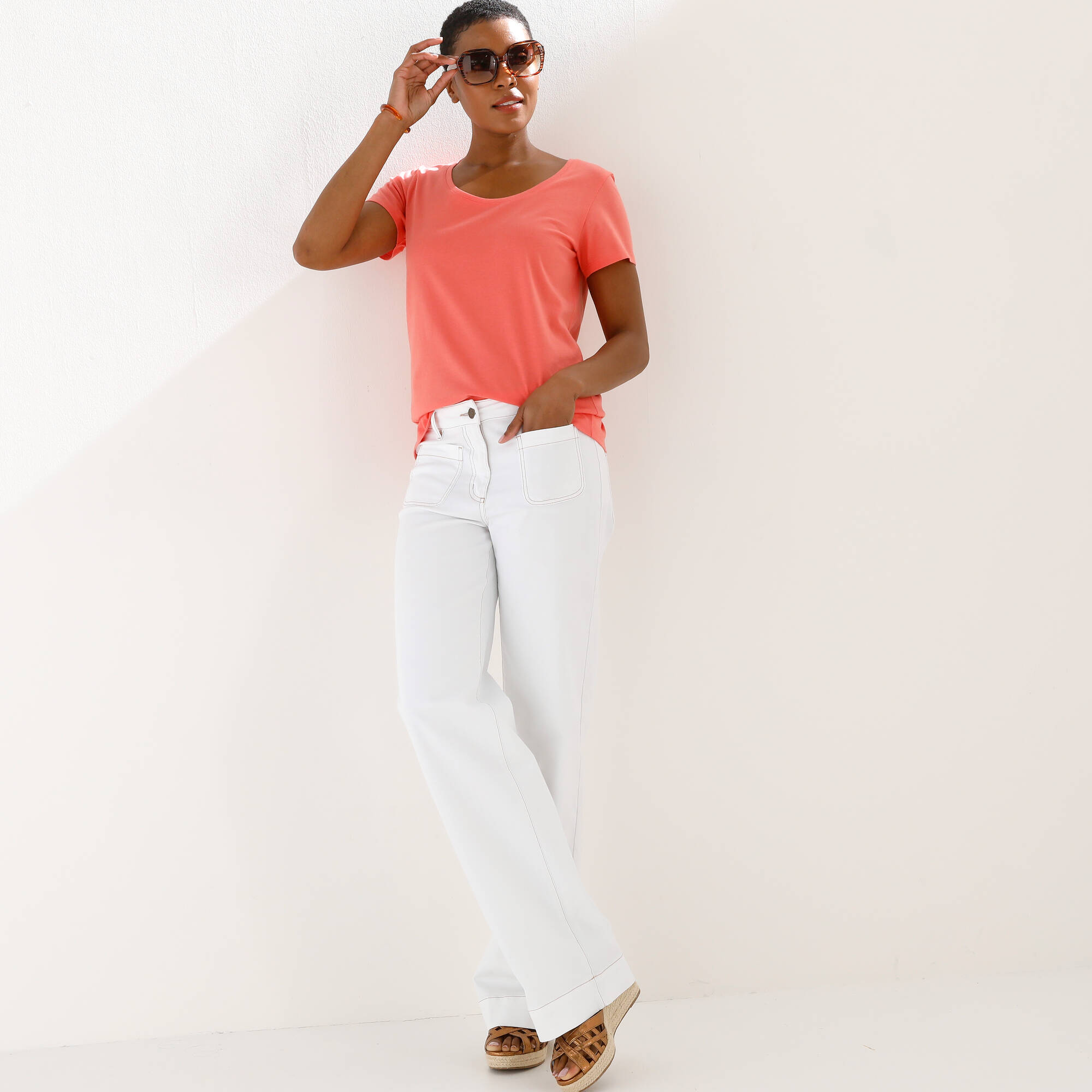 T-shirt col rond manches courtes uni coton