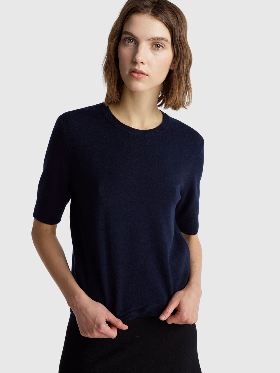 Dark blue short sleeve sweater in pure Merino wool