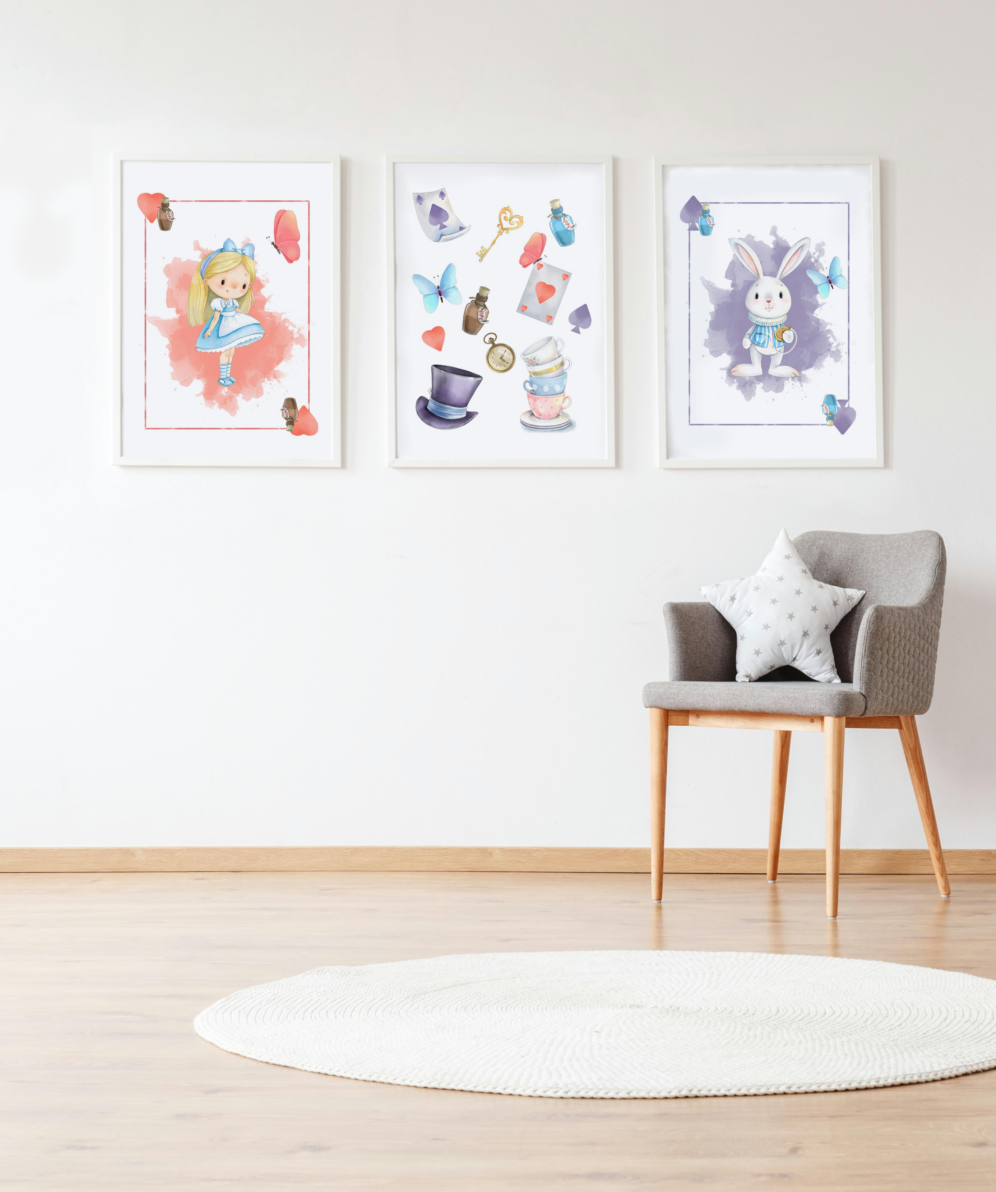 DECOWALL - Pack encadré bois blanc impression lapin Alice lettre objets 43X33 cm