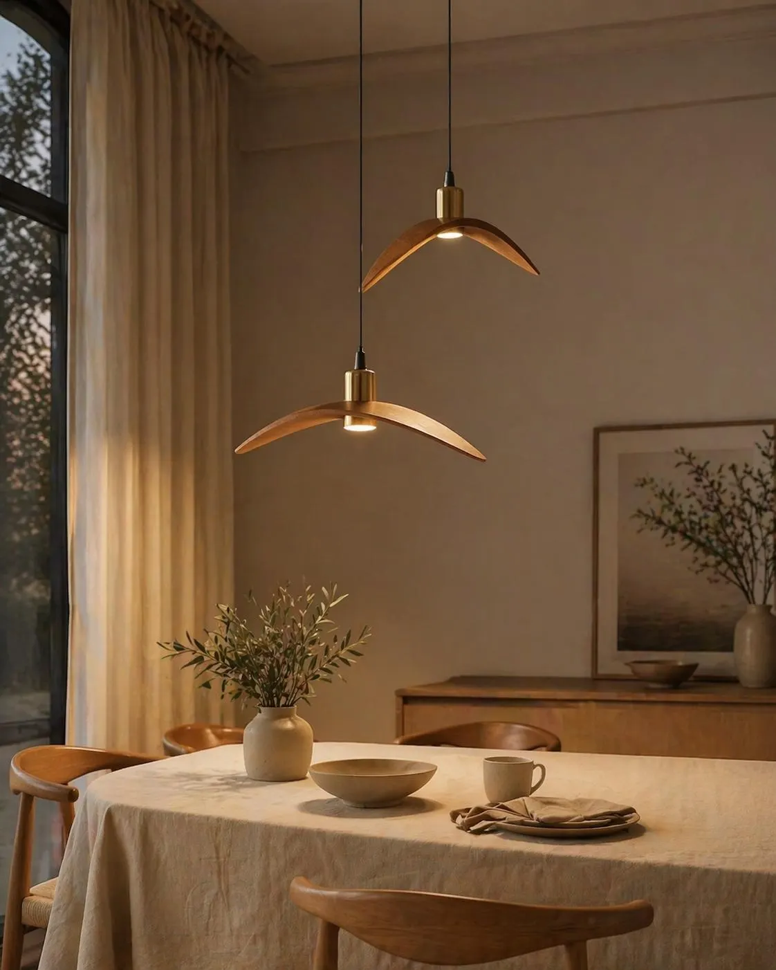 Wooden Wing Pendant Light, Sculptural Scandinavian Chandelier, Handmade Statement Lighting, Warm Minimalist LED Fixture Light