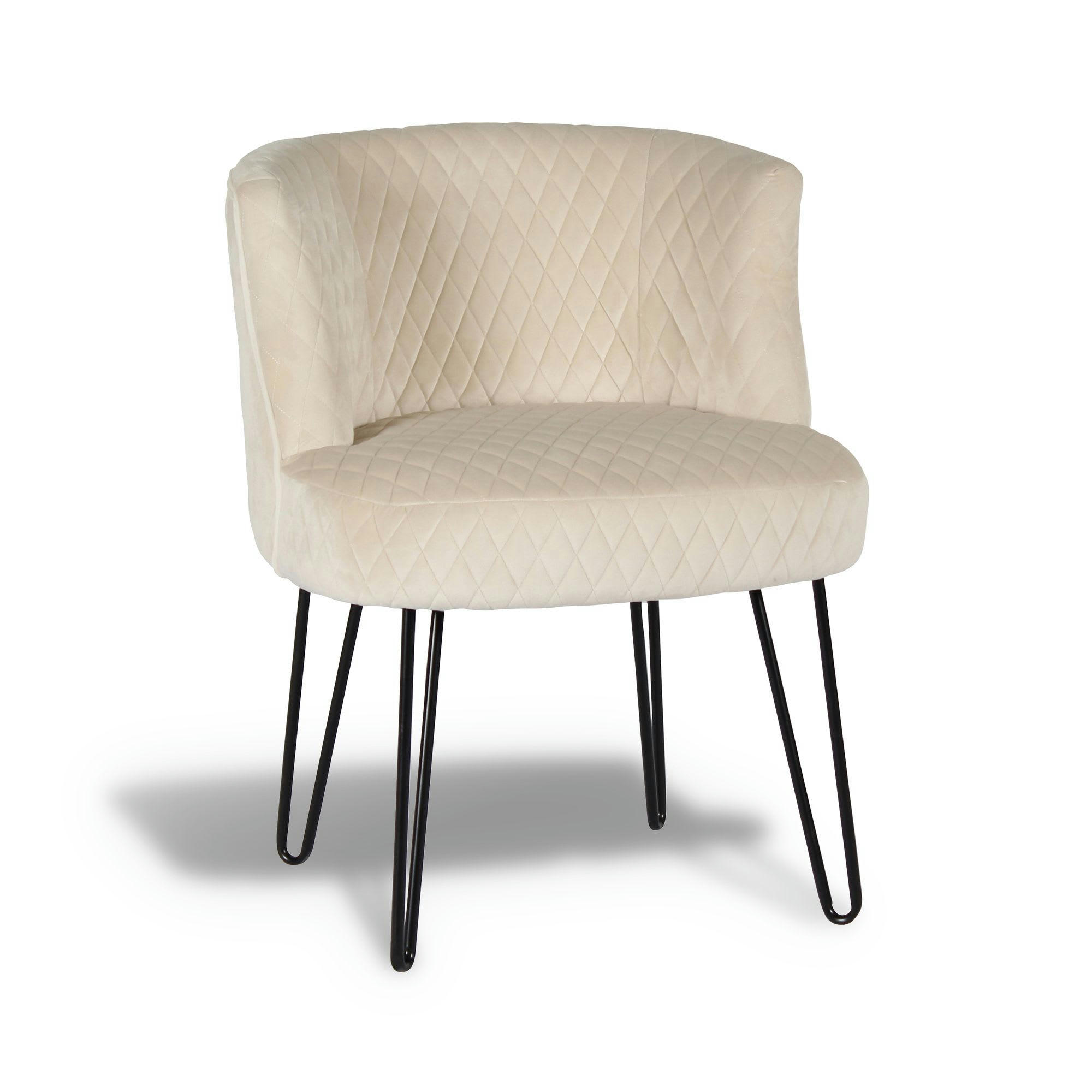 BRAVE - Fauteuil en velours matelassé écru et pieds en métal noir