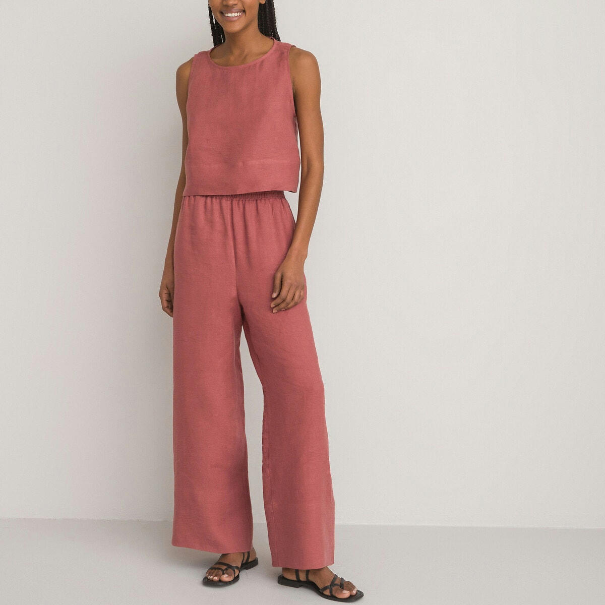 Pantalon large, taille haute en lin