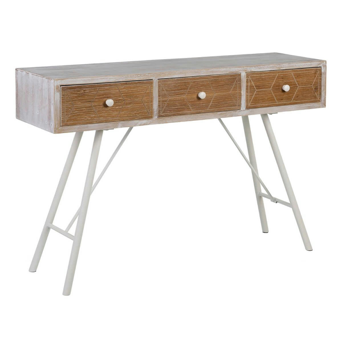 OLMANN - Console  3 tiroirs blanc et naturel aspect vieilli