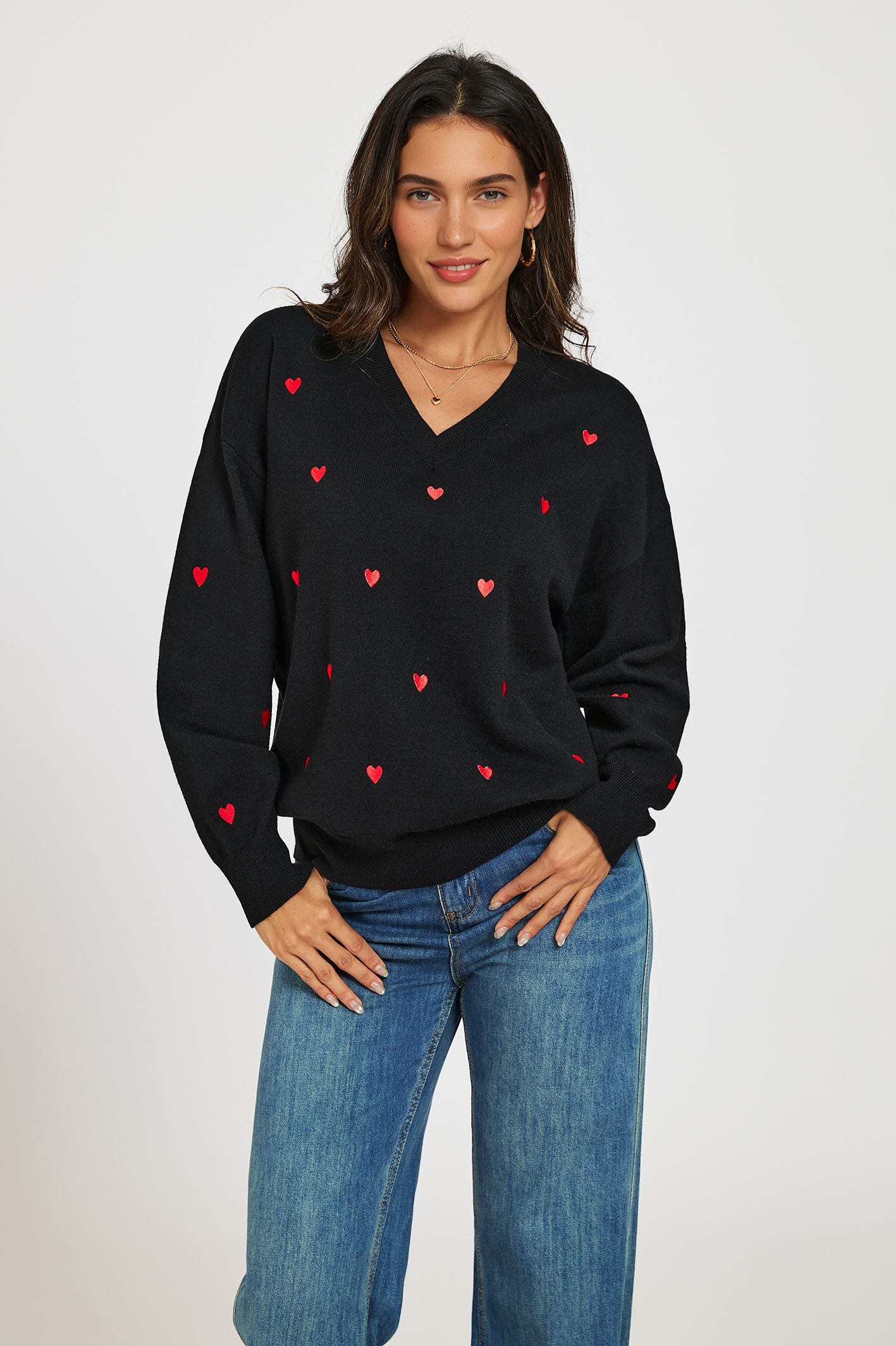 FS Collection Embroidery Red Heart V Neck Jumper In Black
