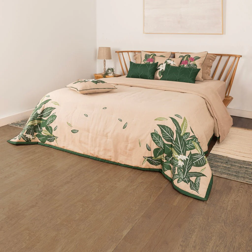 Edredão para Cama Linho e Algodão com Folhas GREEN SENSE