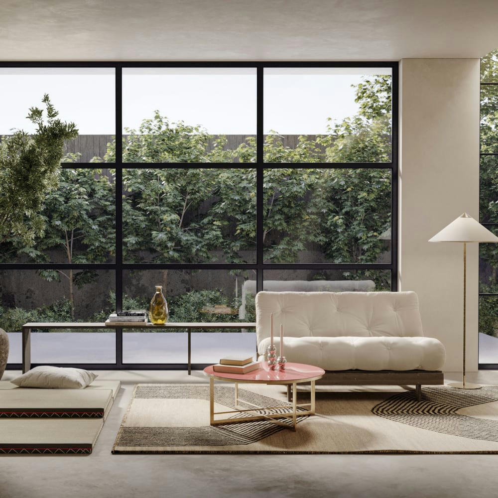 ROOTS - Canapé convertible 140x200cm en bois foncé et tissu ecru 2 places