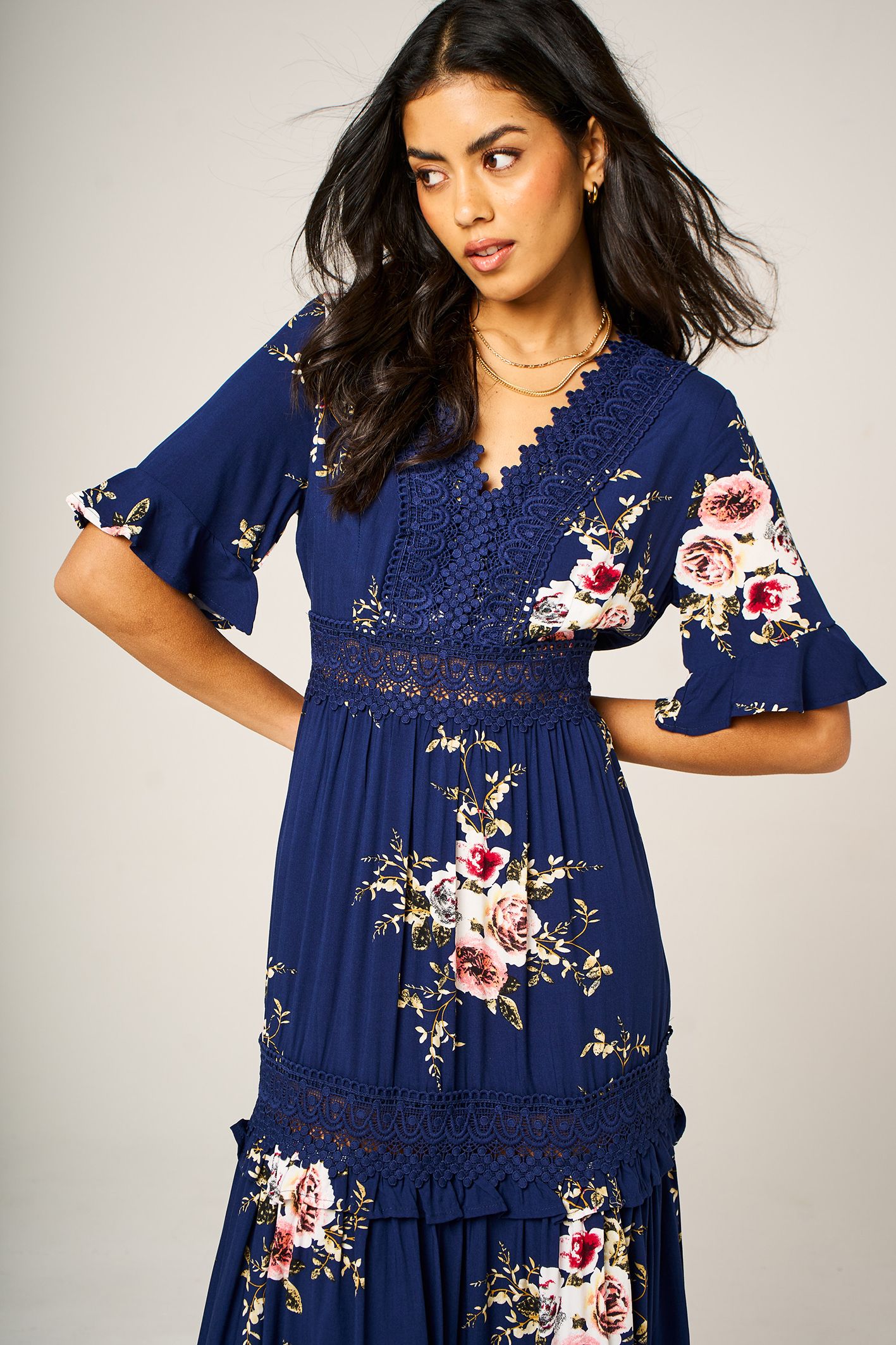 FS Collection Romantic Floral Lace Midi Dress with Angel Sleeves In Navy