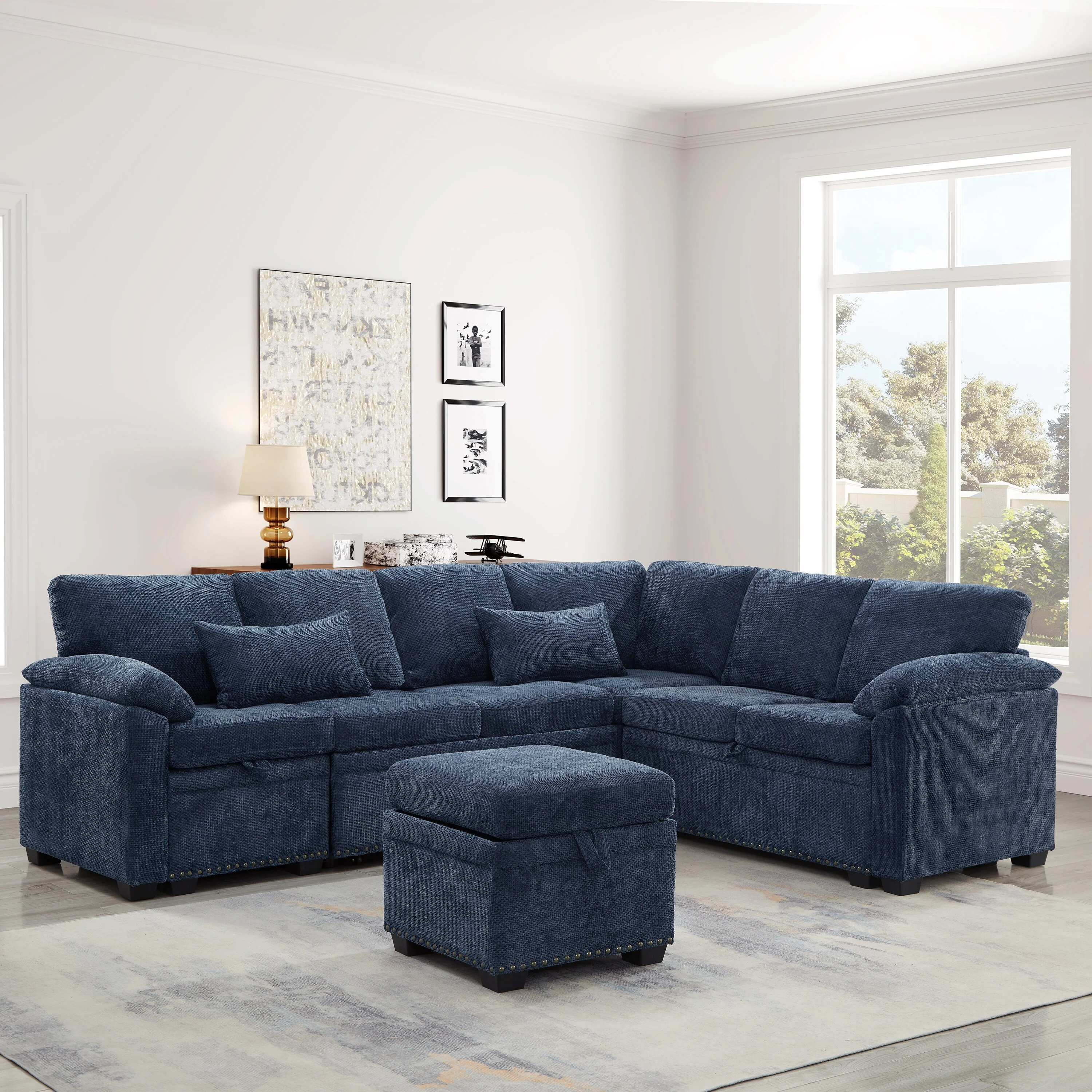 L-Shaped Corner Sectional Sofa with Seat and Storage Ottoman, Chenille Sofa Bed with 2 Pillows for Living Room Sleeper Couch